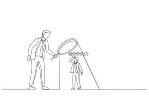 Illustration of businessman manager use magnifier to analyze employee with 5 stars rating. Metaphor for employee performance evaluation. Single line art style vector