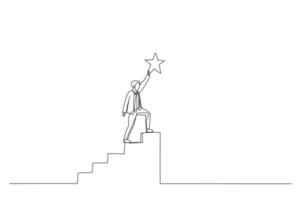 Illustration of businessman climb up stair to the top to reaching to grab precious star reward. Single continuous line art vector