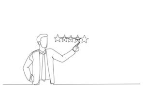 Cartoon of businessman giving 5 stars rating. Metaphor for best quality. One line art style vector