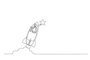 Drawing of businessman riding fast rocket to catch golden star. Metaphor for Innovation. Single continuous line art style vector