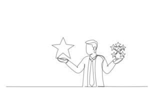 Cartoon of businessman holding comparing quality of stars. Metaphor for quality vs quantity. One line style art vector