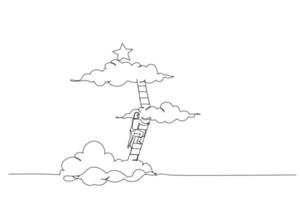 Cartoon of businesswoman climbing career ladder to the the top and reaching for the star. One line art style vector
