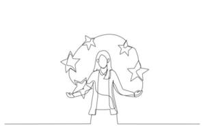 Illustration of five stars performance score by businesswoman. Metaphor for feedback and comments. Continuous line art style vector