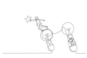 caricatura de mujer de negocios en globos aerostáticos volando hacia la estrella. metáfora de la creatividad. estilo de arte de una sola línea vector