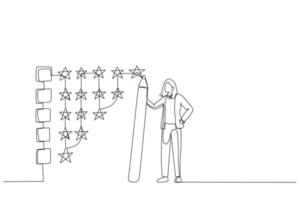 Drawing of businesswoman holding pencil to evaluate star feedback. Metaphor for evaluation. Continuous line art vector