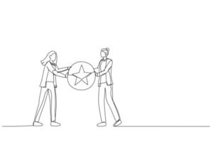 Drawing of businesswoman boss giving golden star badge to winning employee. Metaphor for recognition. One line style art vector