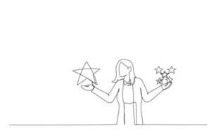 Illustration of businesswoman holding comparing quality of stars. Metaphor for quality vs quantity. Single continuous line art style vector