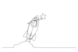 Drawing of businesswoman riding fast rocket to catch golden star. Metaphor for Innovation. Single line art style vector