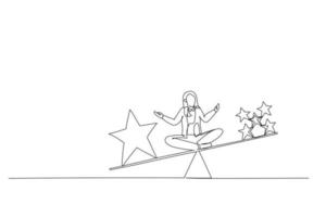 Drawing of businesswoman sit on scales comparing quality vs quantity. One line art style vector