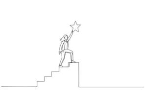 el dibujo de una mujer de negocios sube las escaleras hasta la cima para alcanzar la preciosa recompensa de la estrella. concepto de logro. estilo de arte de una línea vector