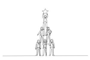 Illustration of teamwork businesswoman pyramid to reach star. Single continuous line art style vector