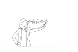 Drawing of businesswoman giving 5 stars rating. Metaphor for best quality. One line art style vector