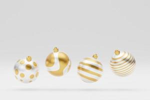 Falling luxury golden 3d christmas ball with pattern on white background. 3d rendering Happy New Year Luxury background with golden and white bauble ball photo