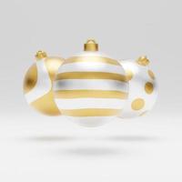 Falling luxury golden 3d christmas ball with pattern on white background. 3d rendering Happy New Year Luxury background with golden and white bauble ball photo