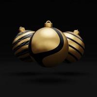 bola de navidad 3d dorada de lujo cayendo con un patrón sobre fondo negro. Fondo de lujo de renderizado 3d feliz año nuevo con bola de adorno dorado y negro foto