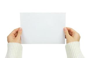 Hands holding empty white paper isolated on white background photo