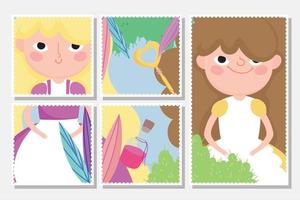 cute girls with fragrance bottle and key nature foliage children character cards vector