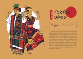 poster tortor dance famoso baile tradicional de indonesia cultura sumatera regency fondo dibujado a mano vector