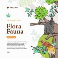 animales y plantas indonesios ilustración vectorial dibujada a mano. plantilla de publicación de redes sociales de zoológico vector