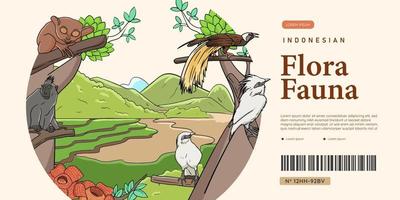 diseño de banner de zoológico con ilustración de dibujado a mano de fauna de flora indonesia vector