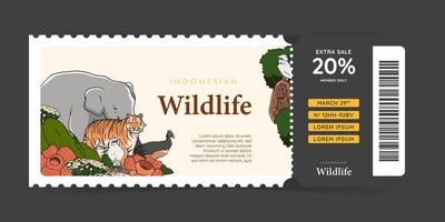 diseño de boleto de zoológico con ilustración de dibujado a mano de fauna indonesia vector