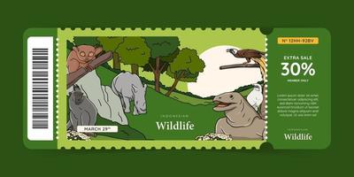 diseño de boleto de zoológico con ilustración de dibujado a mano de fauna indonesia vector