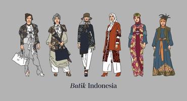 mujer aislada desfile de moda hijab ilustración vectorial dibujada a mano. modelos vestidos con la cultura indonesia de fondo blanco. modelo superior con traje de batik. vector