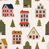 Merry Christmas and Happy New Year seamless pattern with various tiny houses. Modern hand draw illustrations. Colorful contemporary art vector