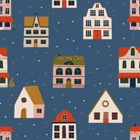 Merry Christmas and Happy New Year seamless pattern with various tiny houses. Modern hand draw illustrations. Colorful contemporary art vector