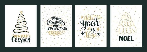 feliz navidad y feliz año nuevo conjunto de carteles de tarjetas de felicitación con varios árboles copos de nieve. diseño de navidad con letras, árbol, cristal, copos de nieve en estilo de arte moderno. ilustración de moda dibujada a mano vector