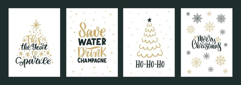 Merry Christmas and Happy New Year Set of greeting cards posters with various trees snowflakes. Xmas Design with lettering, tree, crystal, snowflakes in modern art style.Hand drawn trendy illustration
