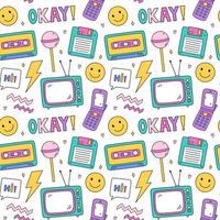 Bright seamless pattern with items from the nineties - retro flip phone, floppy disk, tv, smile, chupa chups and lightnings on checkered background. Nostalgia for the 1990s. Funny print. vector