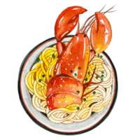 Watercolor Japanese food fried lobster with noodles png