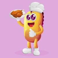 Cute yellow monster, chef serving food vector