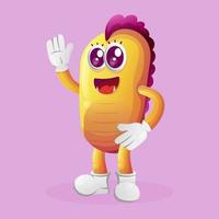 Cute yellow monster waving hand vector