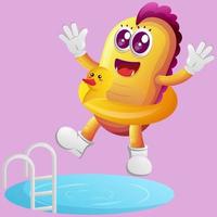 Cute yellow monster swimming with wearing rubber duck tube vector