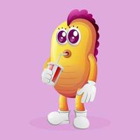 Cute yellow monster drinking soda, cola vector