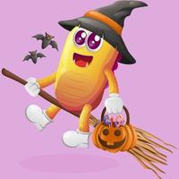 Cute yellow monster witch with holding halloween pumpkin vector
