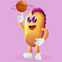 Cute yellow monster playing basketball, freestyle with ball vector