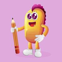 Cute yellow monster holding pencil vector