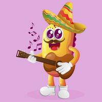 Cute yellow monster wearing mexican hat with playing guitar vector