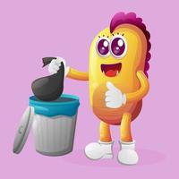 Cute yellow monster placing reusable waste into garbage can vector