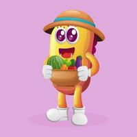 Cute yellow monster carries variety of fresh vegetables and fruits vector