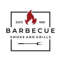 diseño de logotipo de tipografía de barbacoa a la parrilla con fuego cruzado y spatula.logos para restaurantes, cafeterías y bares. vector