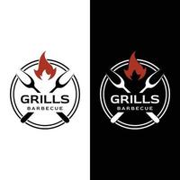 Grilled barbecue typography Logo design with crossed fire and spatula.Logos for restaurants, cafes and bars. vector