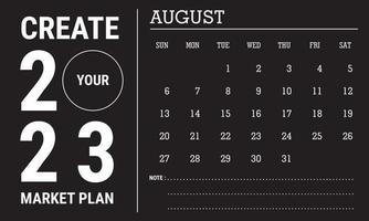 Vector illustration of 2023 calendar year. August 2023 calendar template. Black and white calendar design. Eps10 Vector