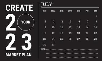 Vector illustration of 2023 calendar year. July 2023 calendar template. Black and white calendar design. Eps10 Vector