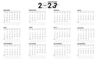 Vector illustration of 2023 calendar year. Black and white calendar design. Eps10 Vector