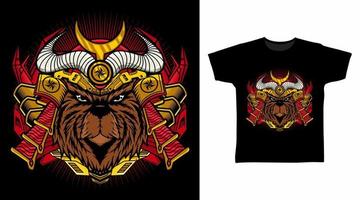 Bear Samurai with War Helmet illustration t-shirt design concept. vector