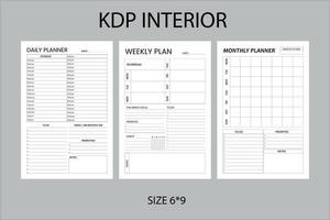 plantilla kdp de planificador mensual semanal diario. plantillas de páginas de planificador minimalistas vector